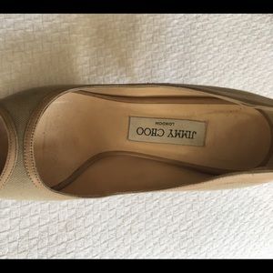Jimmy Choo open toe canvas tan pumps size 7 1/2